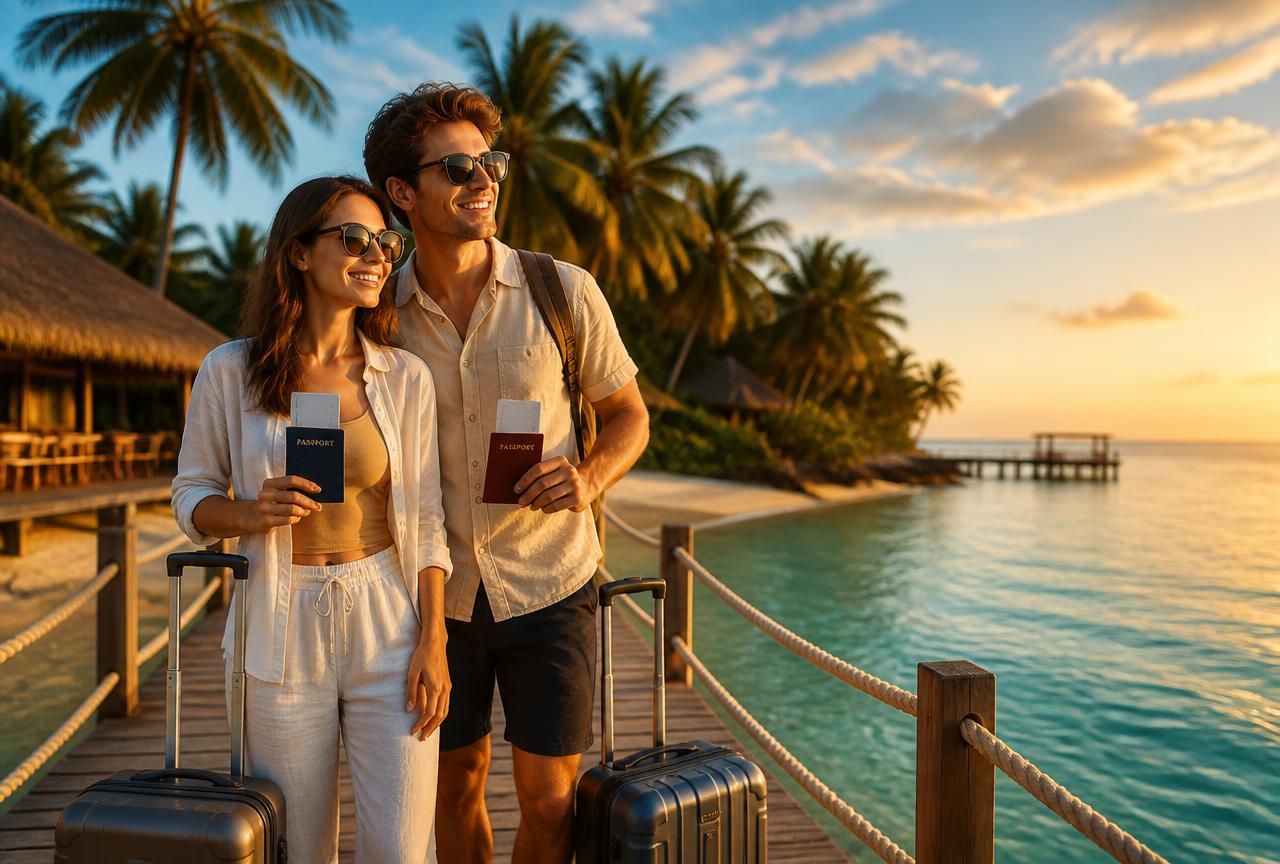 Couple with passports and suitcases arriving at a tropical island resort at sunset